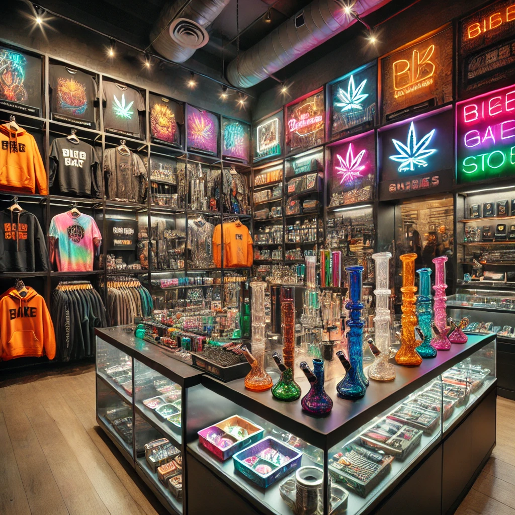 DALL·E 2025-01-13 10.14.16 - An edgy and modern smoke shop interior with neon signs and vibrant lighting, showcasing premium glassware like bongs, pipes, and dab rigs displayed